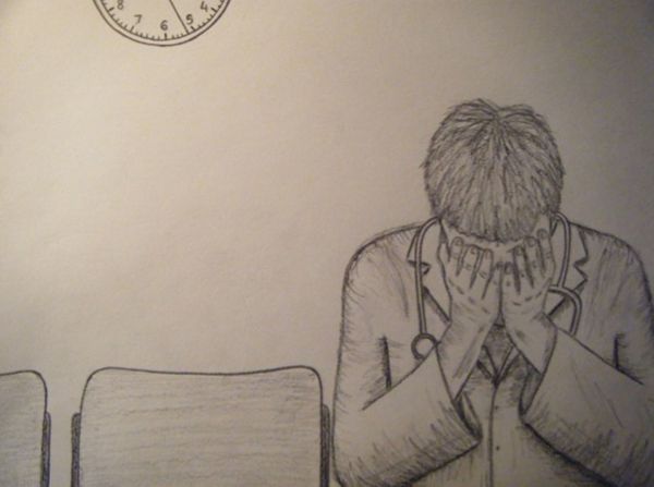 Charcoal drawing of a person with a stethoscope around their neck and their head in their hands